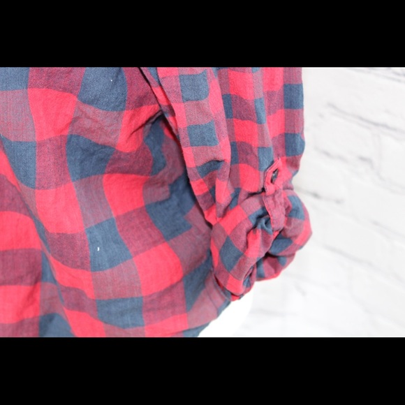Passport Red & Blue Plaid Roll-Tab Sleeve Blouse - Picture 2 of 4